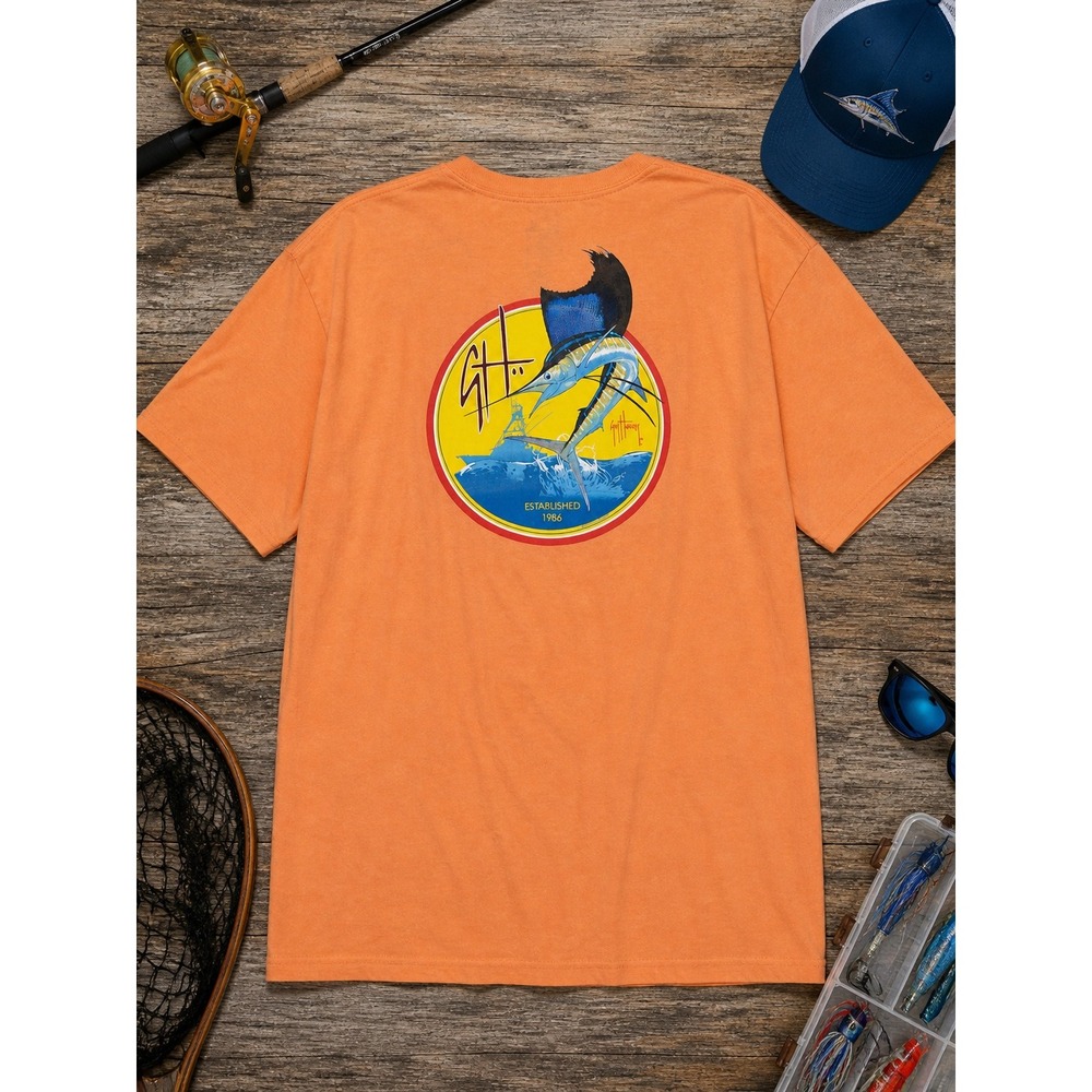 Guy Harvey Men's Crew Neck Graphic Fishing Short Sleeve T-Shirt, Orange, Size XL